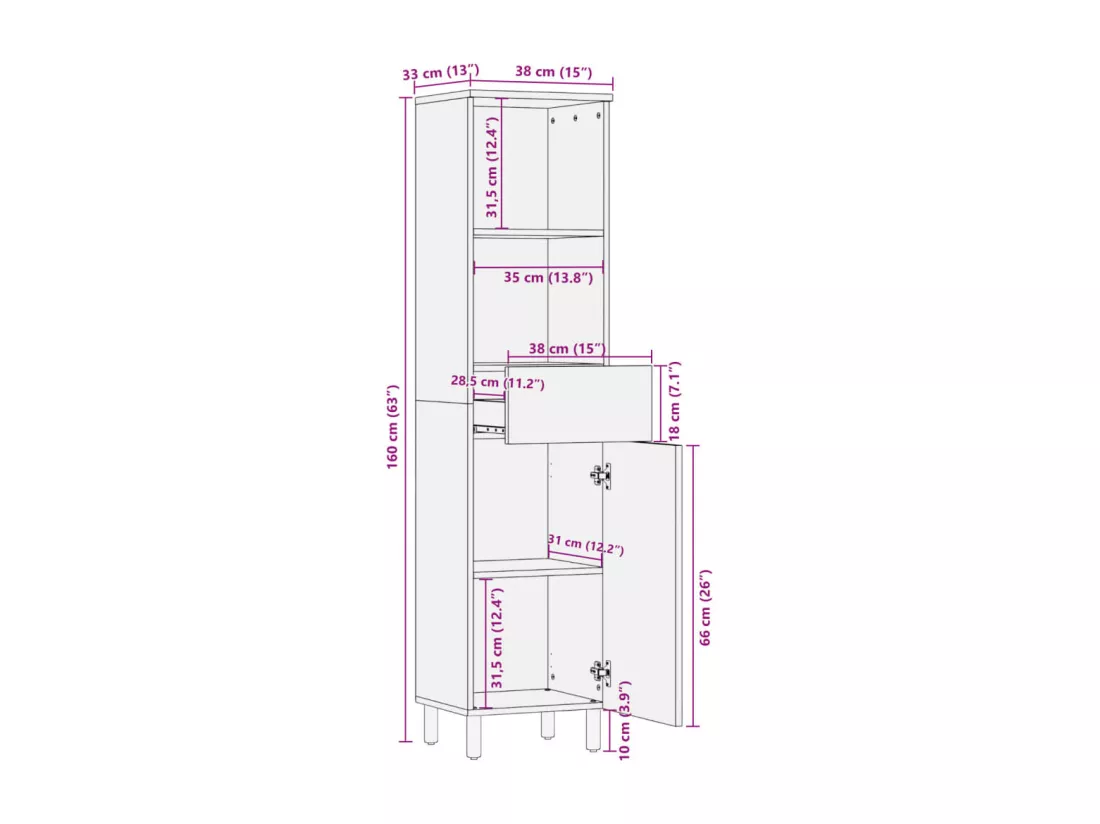 Armoire de salle de bain noir 38x33x160 cm bois massif manguier