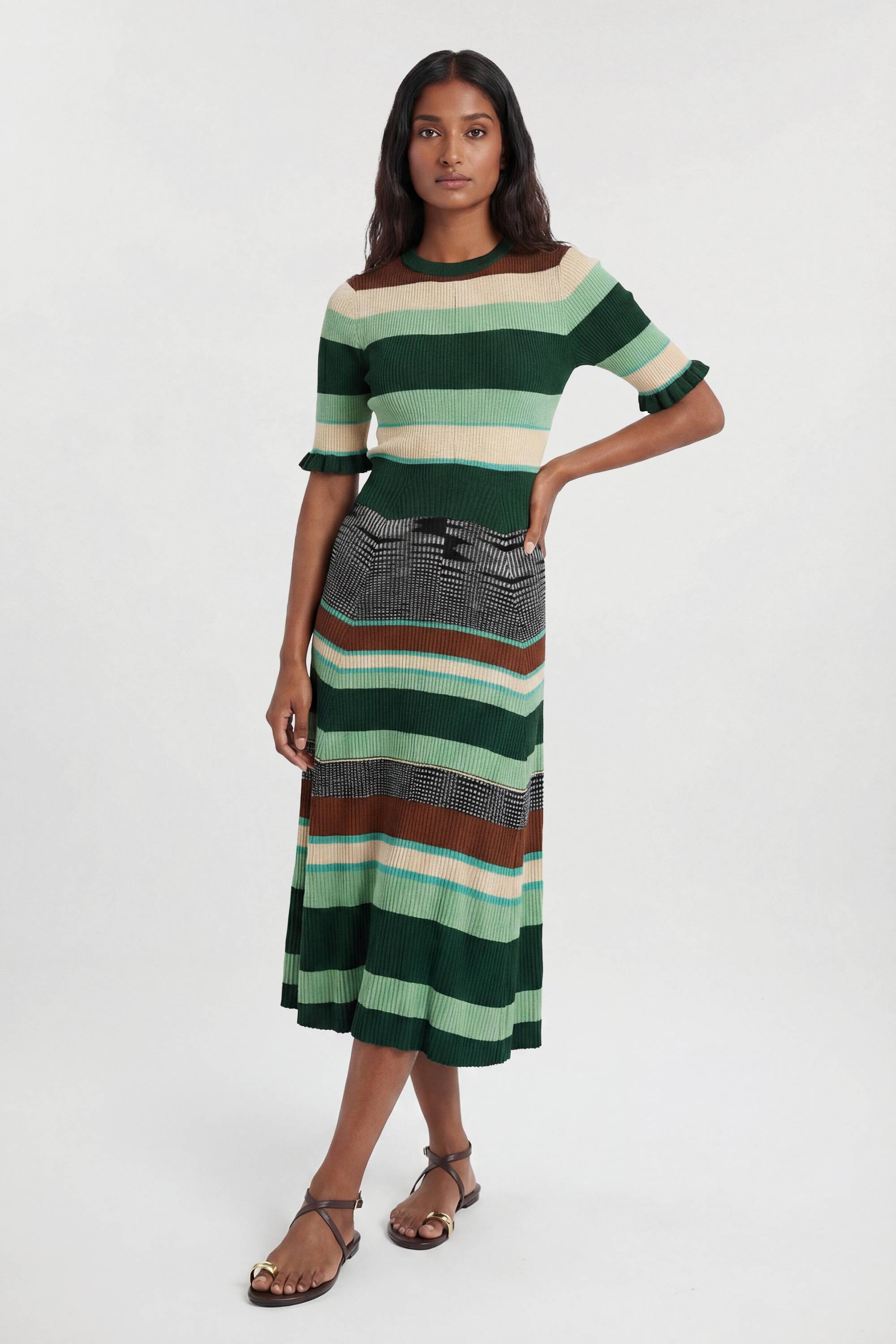 KarenMillen Robe Midi En Maille Jacquard À Rayures Avec Manches Courtes Pour Petite