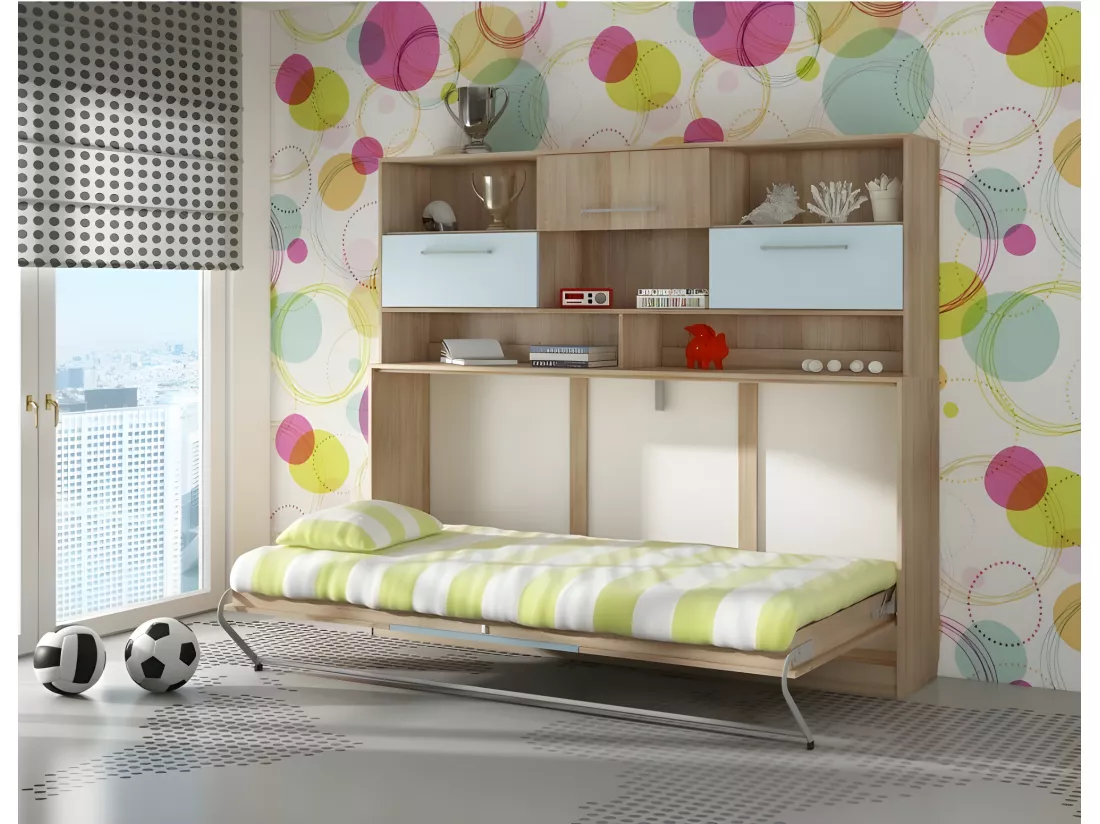 Armoire Lit escamotable Horizontal 90x200 cm avec étagères Sonoma bleu Lit Rabattable Lit Mural Roddy
