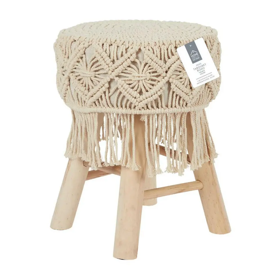 Home Deco Factory Bijzet krukje model Macrame - naturel - H42 cm