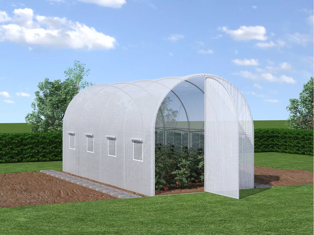 Serre tunnel avec structure en acier galvanisé et porte 9 m² - L200 x l450 x H200 cm - Blanc - ALOCASIA