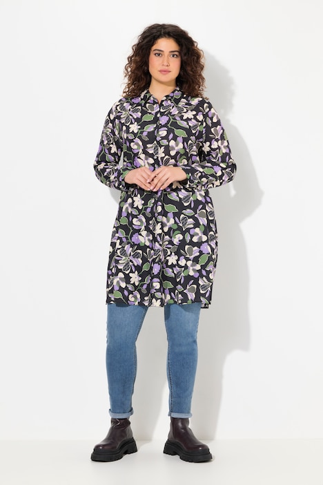 Longbluse, Blüten, A-Linie, Hemdkragen, Langarm