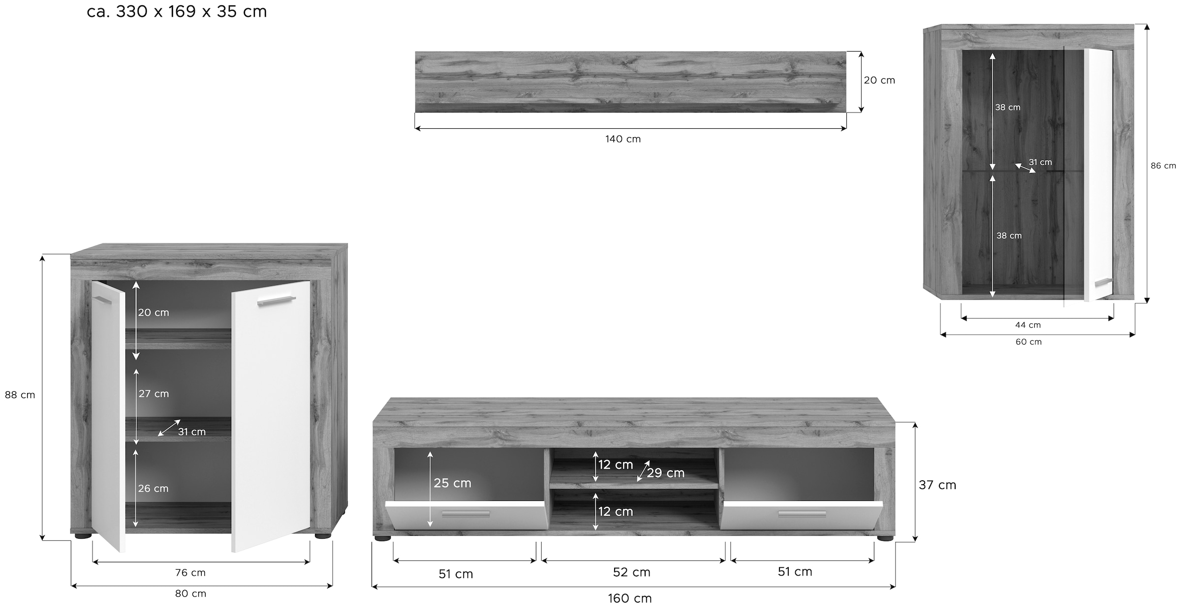INOSIGN Wohnwand »Aosta,  4-tlg., best. aus: Highboard, Lowboard, Wandboard & Vitrine« 4 Stk. tlg.