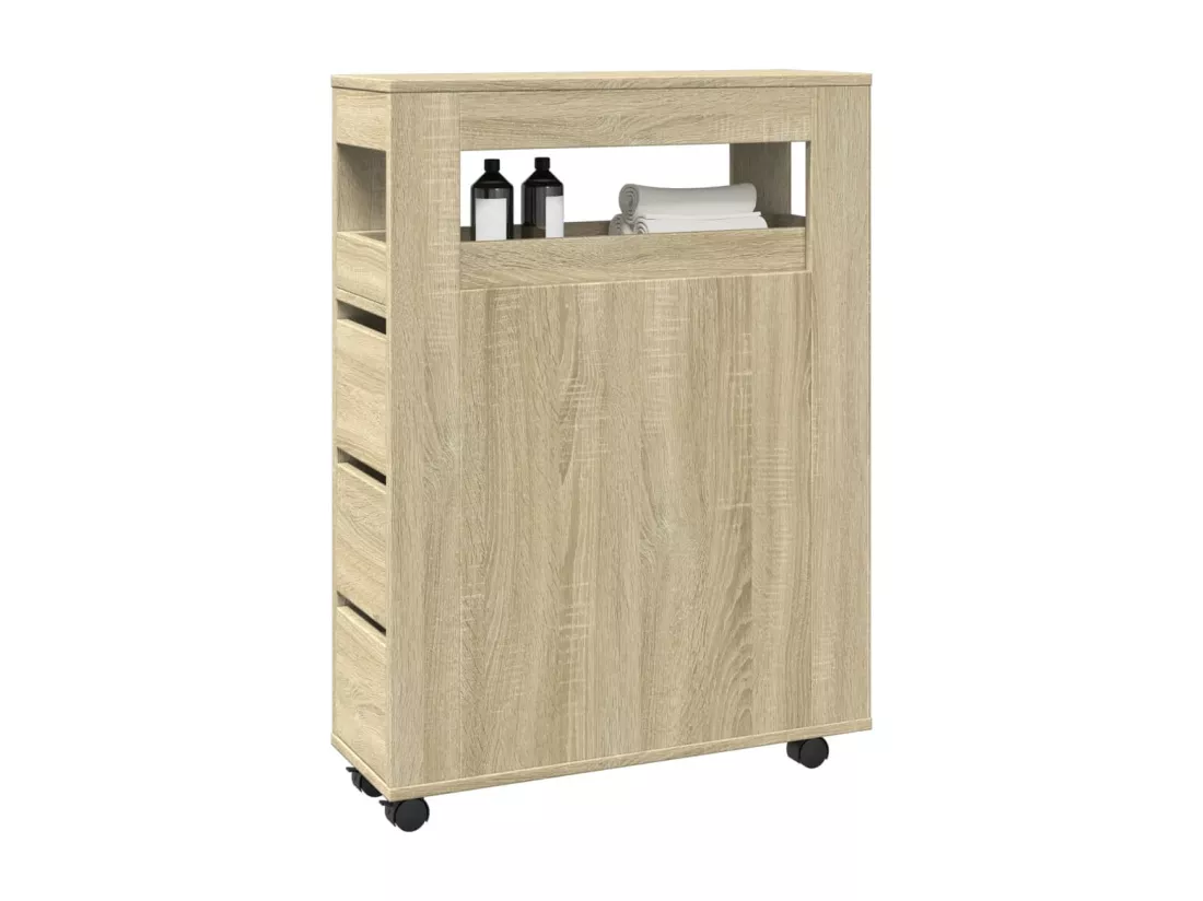 Meuble étroit de salle de bain à roulettes chêne sonoma