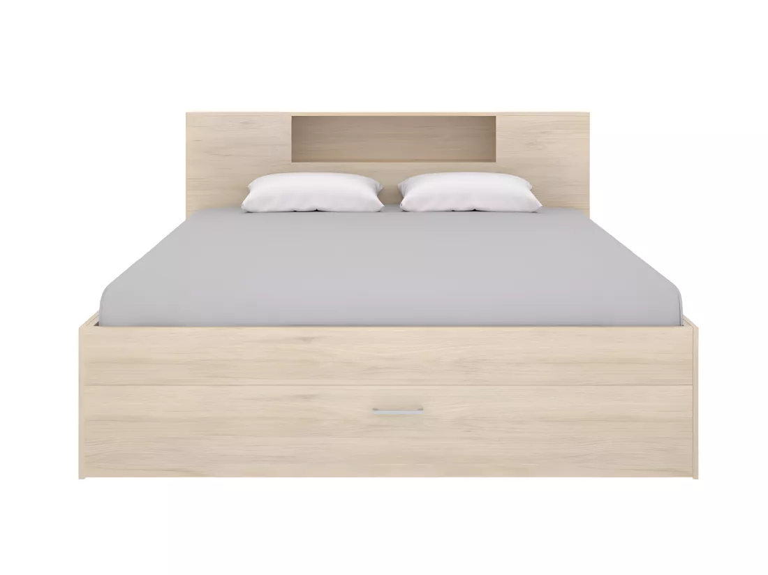 Lit avec tête de lit rangements et tiroirs - 140 x 190 cm - Coloris : Naturel + Sommier + Matelas - LEANDRE