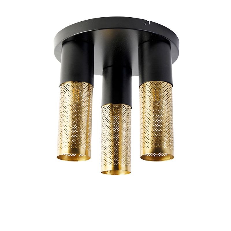 Industriële plafondlamp zwart met goud rond 3-lichts - Raspi