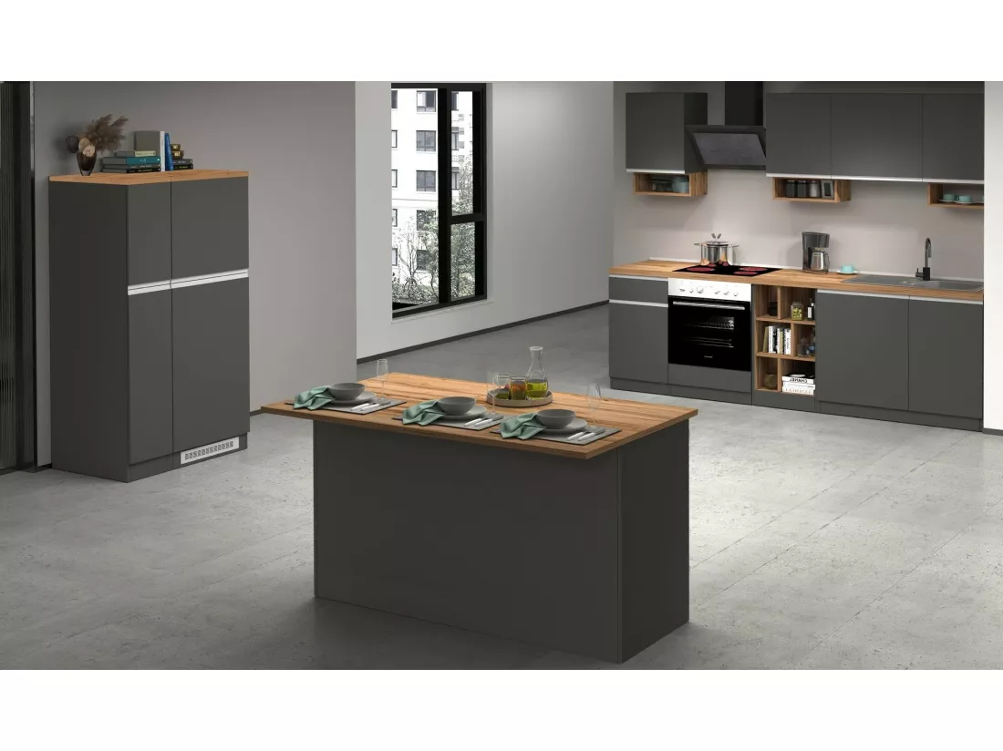 Îlot de cuisine Dcarnelo, Armoire polyvalente, Meuble de kitchenette, Table auxiliaire, 100% Made in Italy, 155x90h90 cm, Anthracite et Chêne