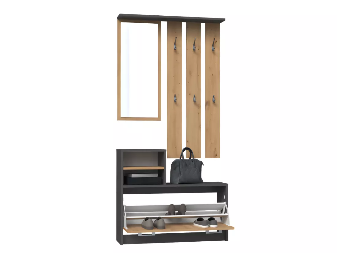 VITTORIA - Vestiaire d'entrée - Patère murale + miroir + rangement chaussures - 180x85x24 - Meuble d'entrée