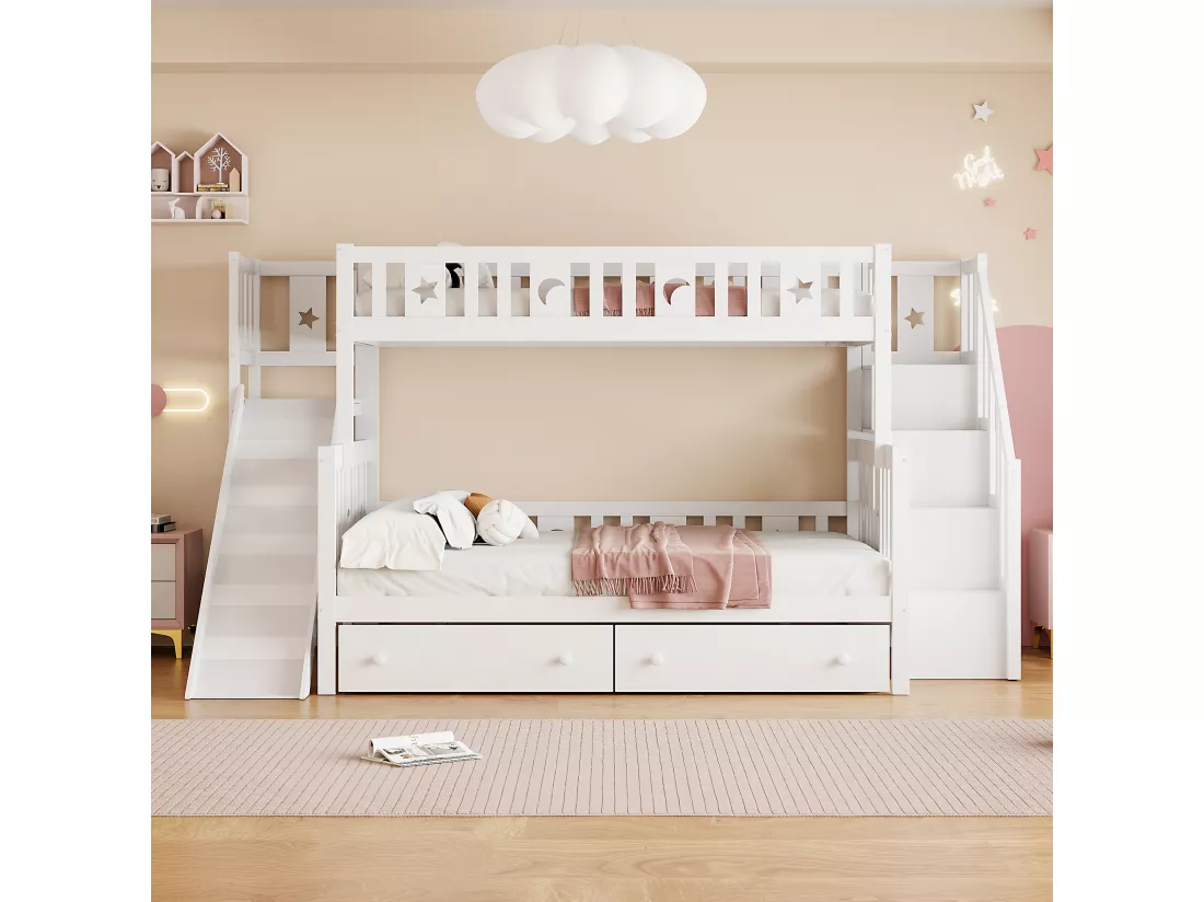 Lit superposé 90x200 + 140x200 cm - en bois massif - avec toboggan，étagère et 2 grands tiroirs - Blanc