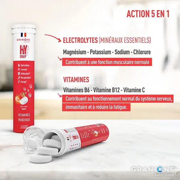 GRANIONS HYDROP Eletrólitos - Vitamina C, Magnésio, Minerais - Morango