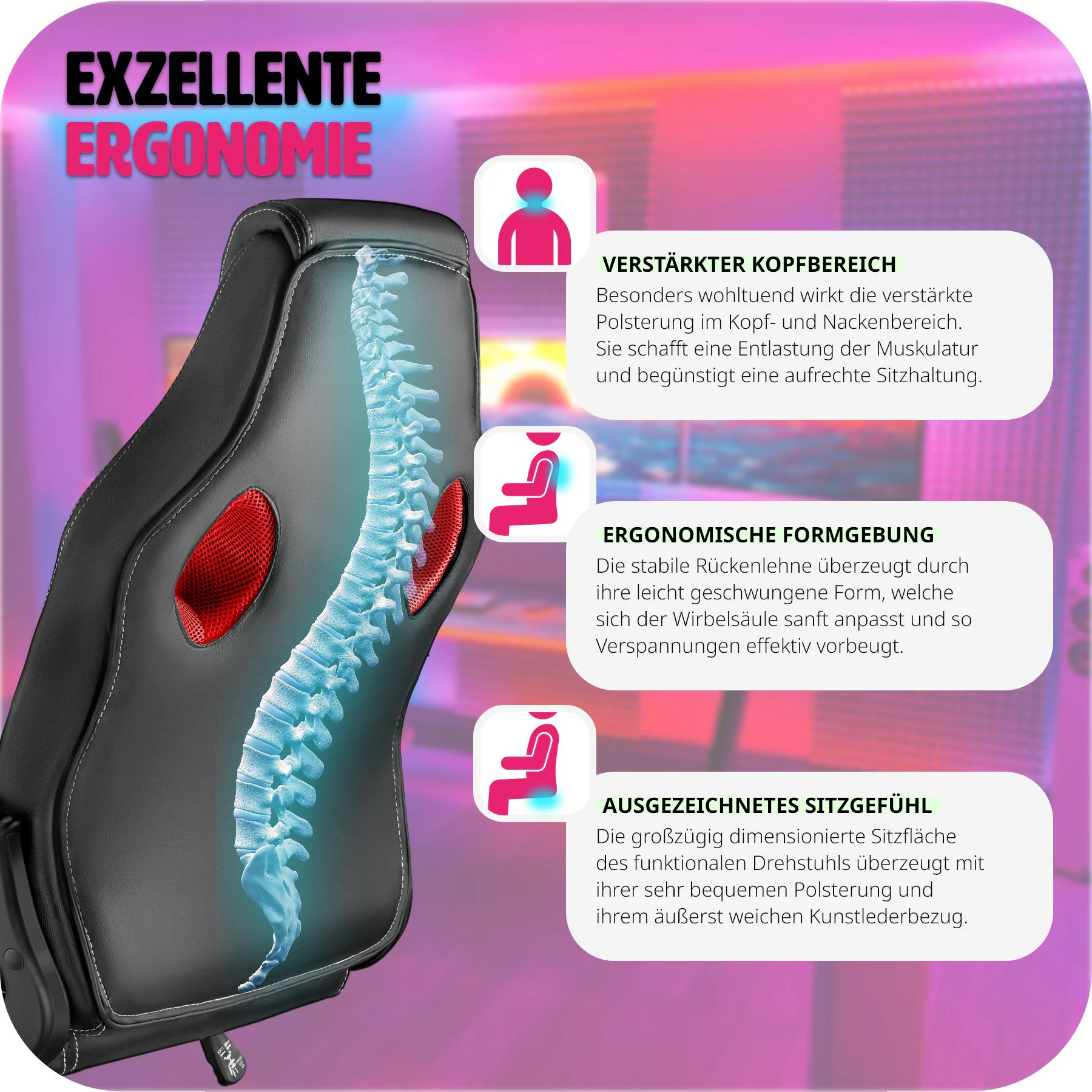 tectake® Bürostuhl, ergonomische Form, Kunstlederbezug mit Mesh-Gewebe, stufenlos höhenverstellbar