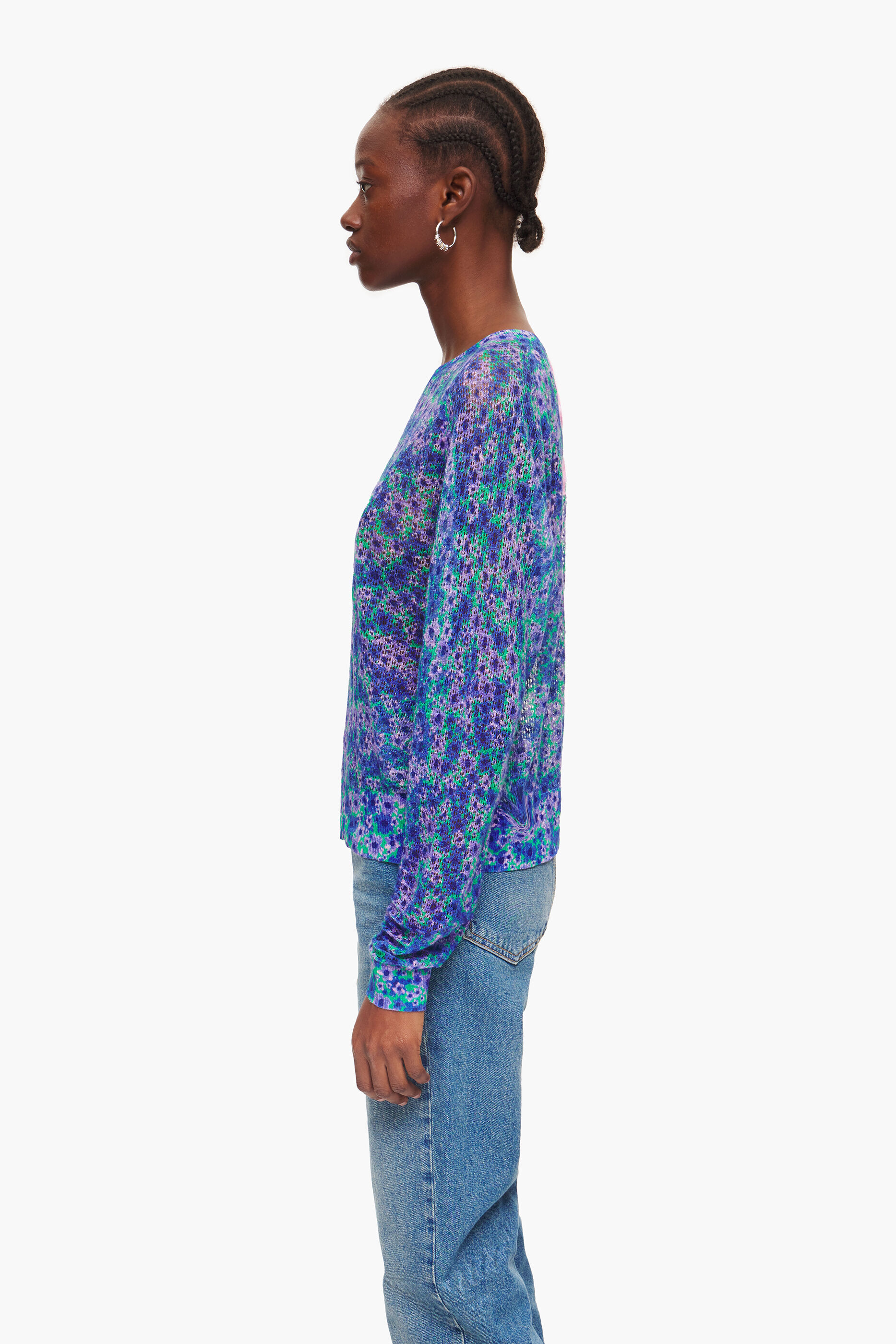 Suéter de linho com estampa floral azul