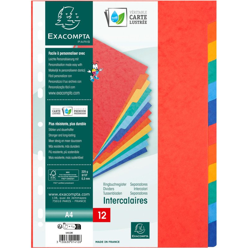 Intercalaire A4 carte lustrée colorée Exacompta 12 onglets neutres