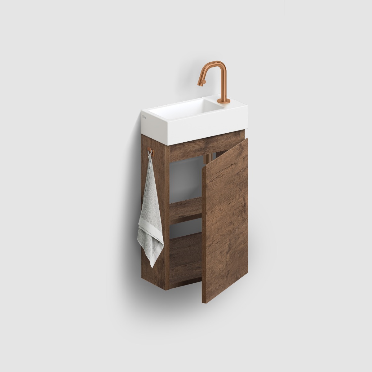 Clou Flush 3 toiletmeubel 36cm donker eiken rechtsdraaiend met keramische fontein wit mat en kraangat