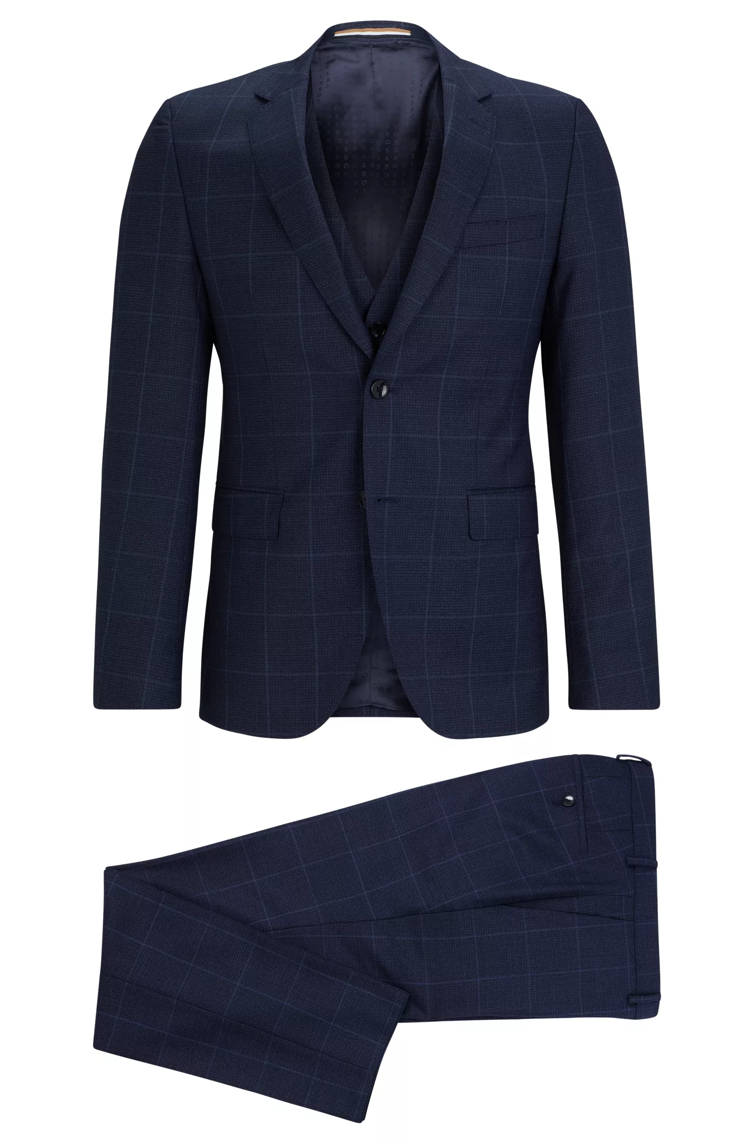 Terno BOSS preto de três peças, extra slim fit, em lã virgem.