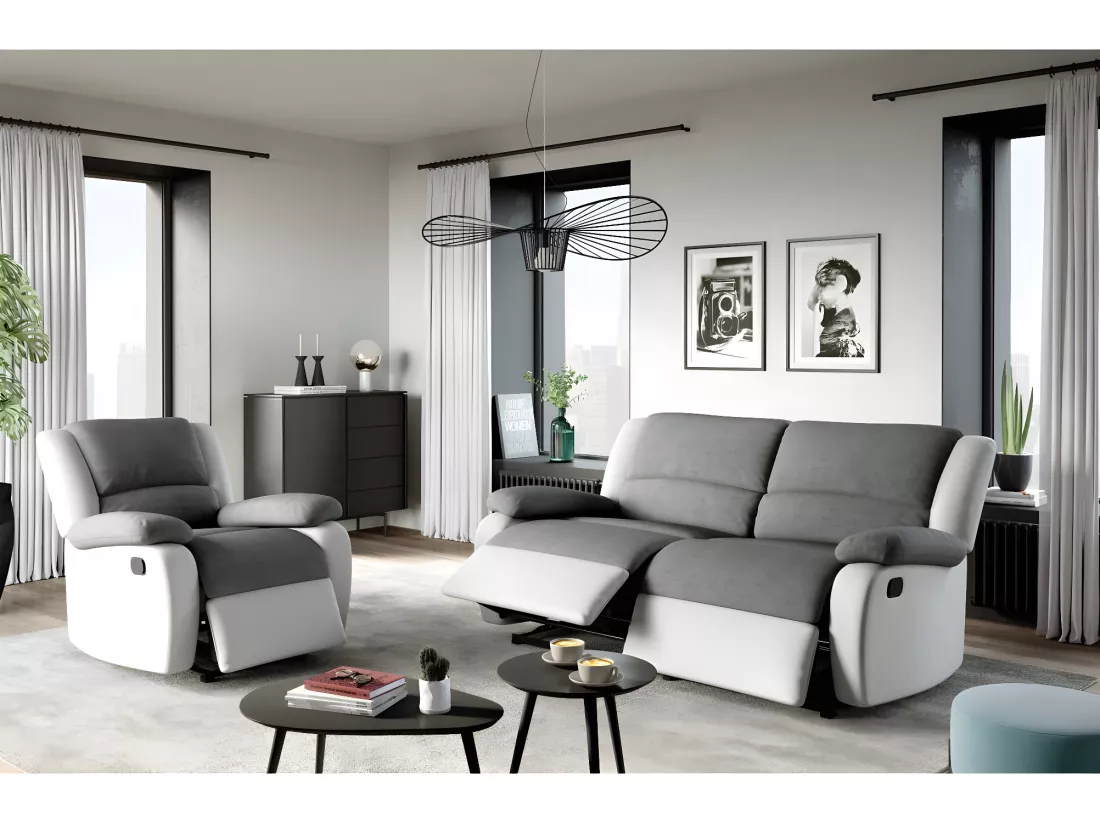 Canapé relax manuel 3 places avec 2 assises XXL Léo en microfibre et simili - Blanc/Gris - L193 x P93 x H96cm - Loungitude