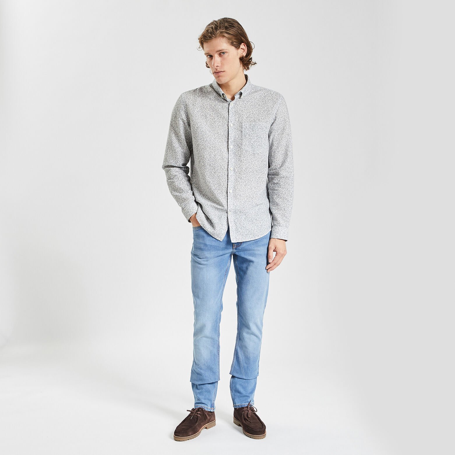Chemise regular imprimé fleur coton lin Blanc