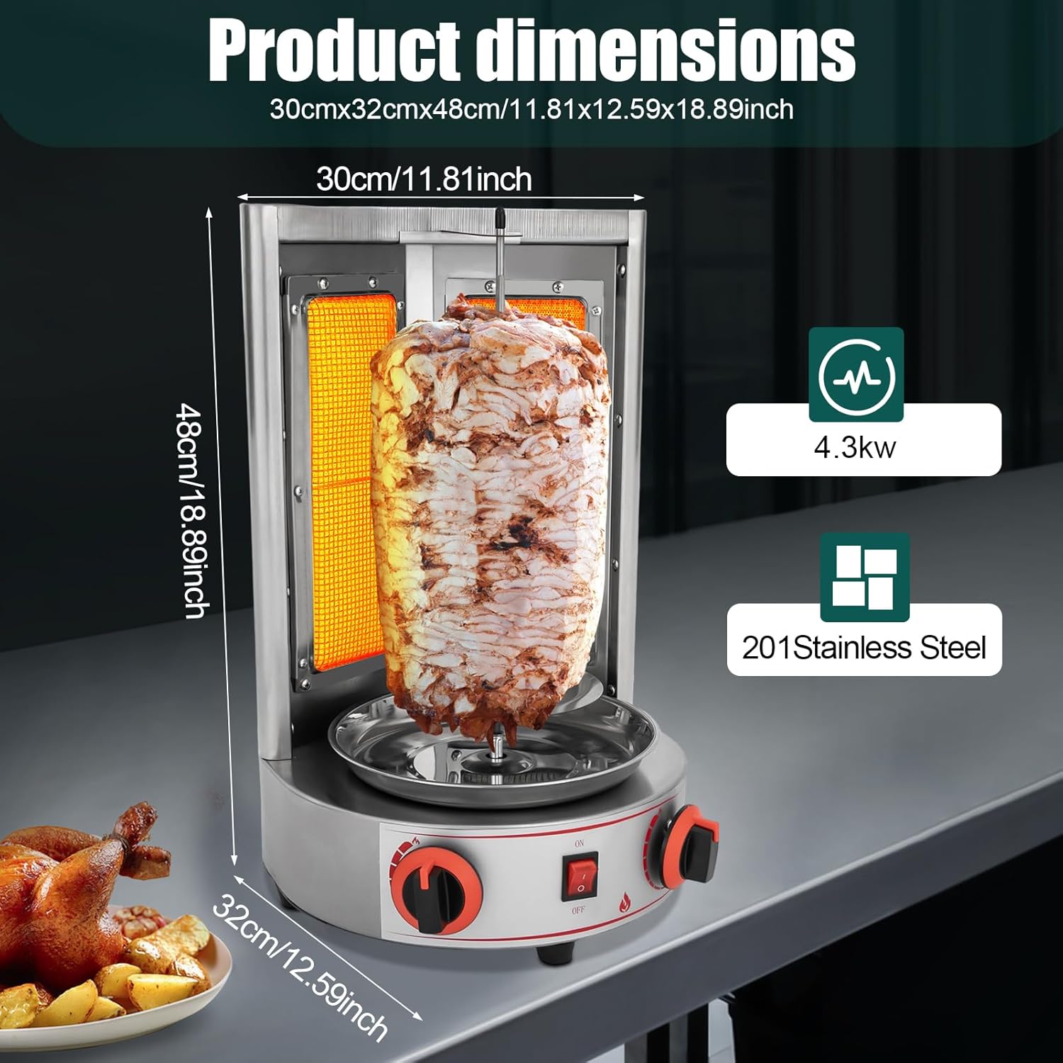 4.3KW Dönergrill, Vertikaler aus Edelstahl für Döner, Dönergrill für Gas Zuhause, Drehspieß Rotissiere Hähnchengrill, bis Gewichtskapazität 8kg Schaschlik-Grill für Schwein, Huhn und Hackbraten