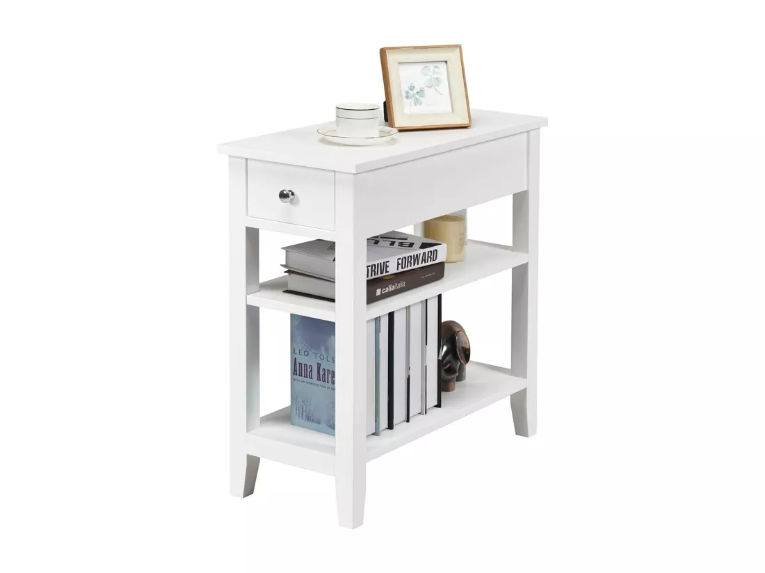 Table de Chevet, Table d’Appoint avec Un Tiroir et Deux Etagères, Table de Nuit Etroite pour Chambre, Salon, Table Basse Simple et Contemporain
