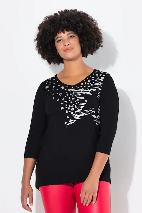 T-Shirt, A-Linie, Sterne, 3/4-Ärmel, schwarz