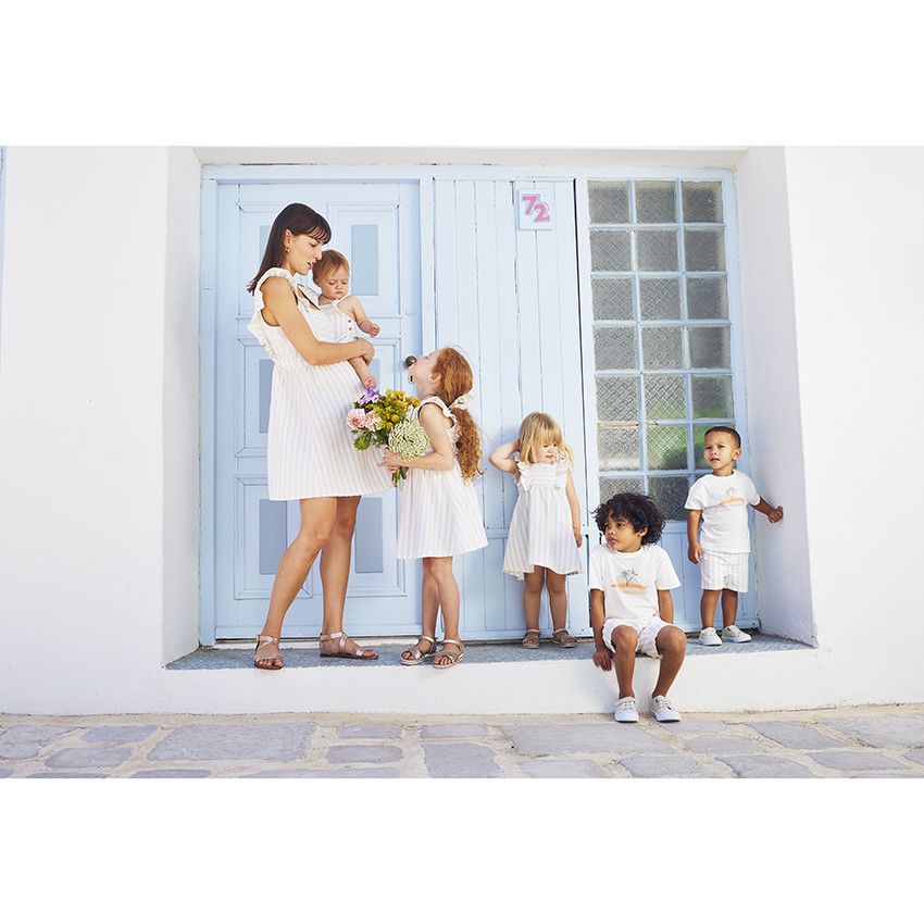 Robe manches courtes volantées à rayures pour bébé fille - Ecru