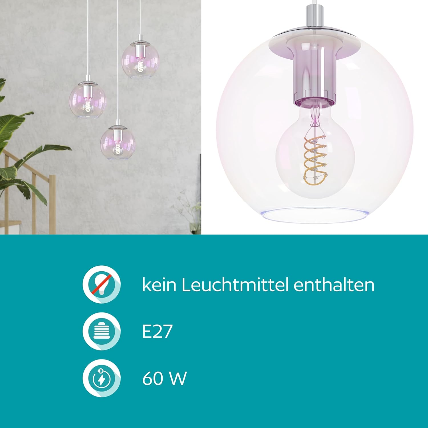 EGLO Cluster Hängelampe Ariscani 2, 3-flammige Pendelleuchte irisierend, Esstisch Hängeleuchte bunt schimmernd, Esszimmerlampe hängend aus Metall in Chrom und Glas, E27, Ø 42,5 cm