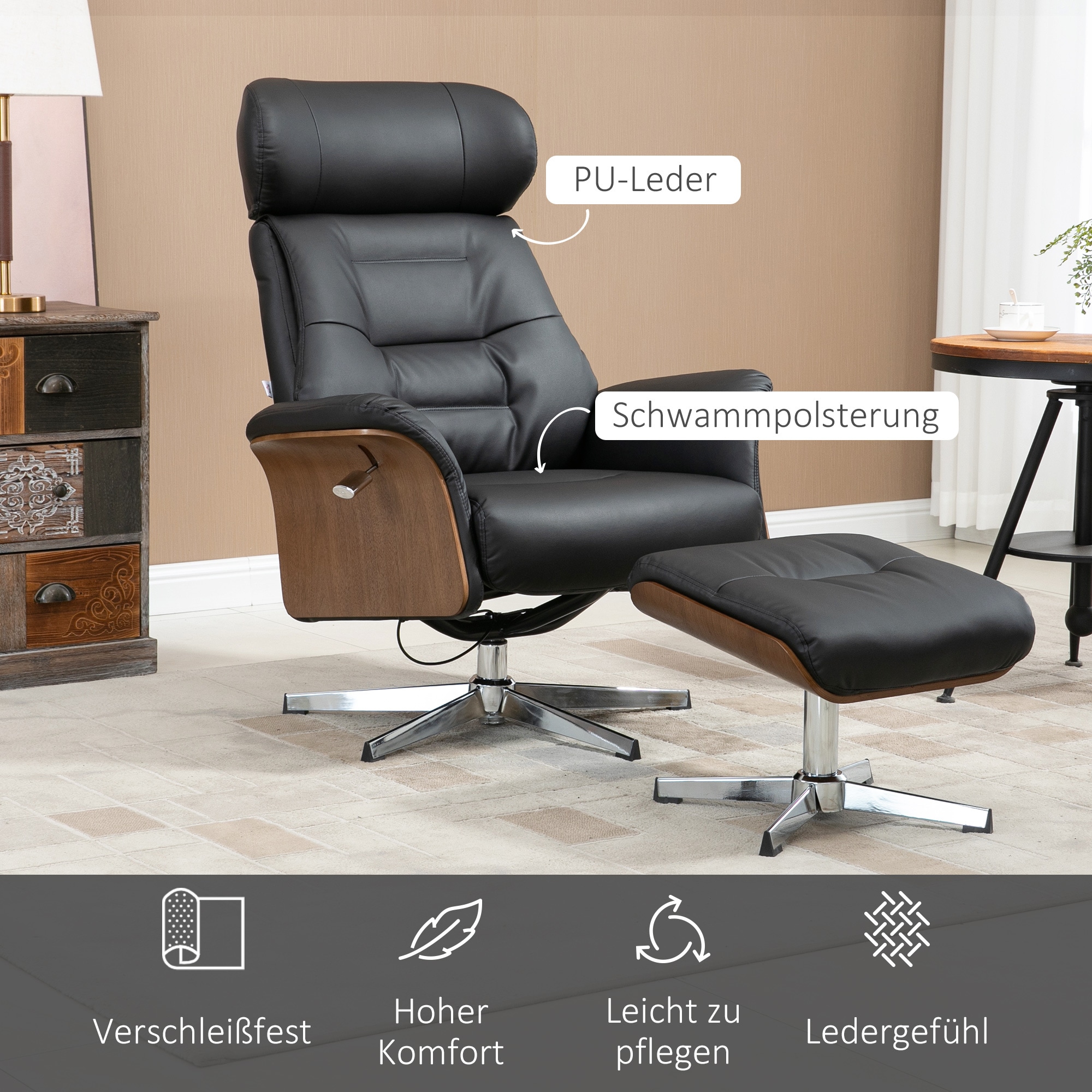 HOMCOM Liegestuhl mit Armlehne und Fußhocker schwarz 80L x 84B x 108H cm