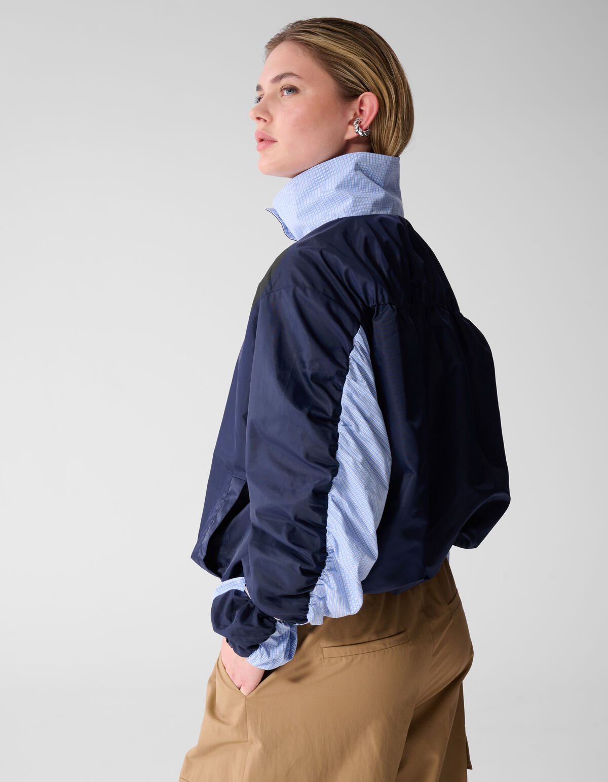 Check Satin Bomber Blauw