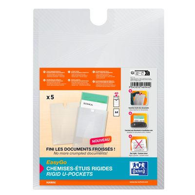 Oxford Hawai - 5 chemises étui Easy Go - A4 - Polyprolylène - Capacité de 40 feuilles - incolore