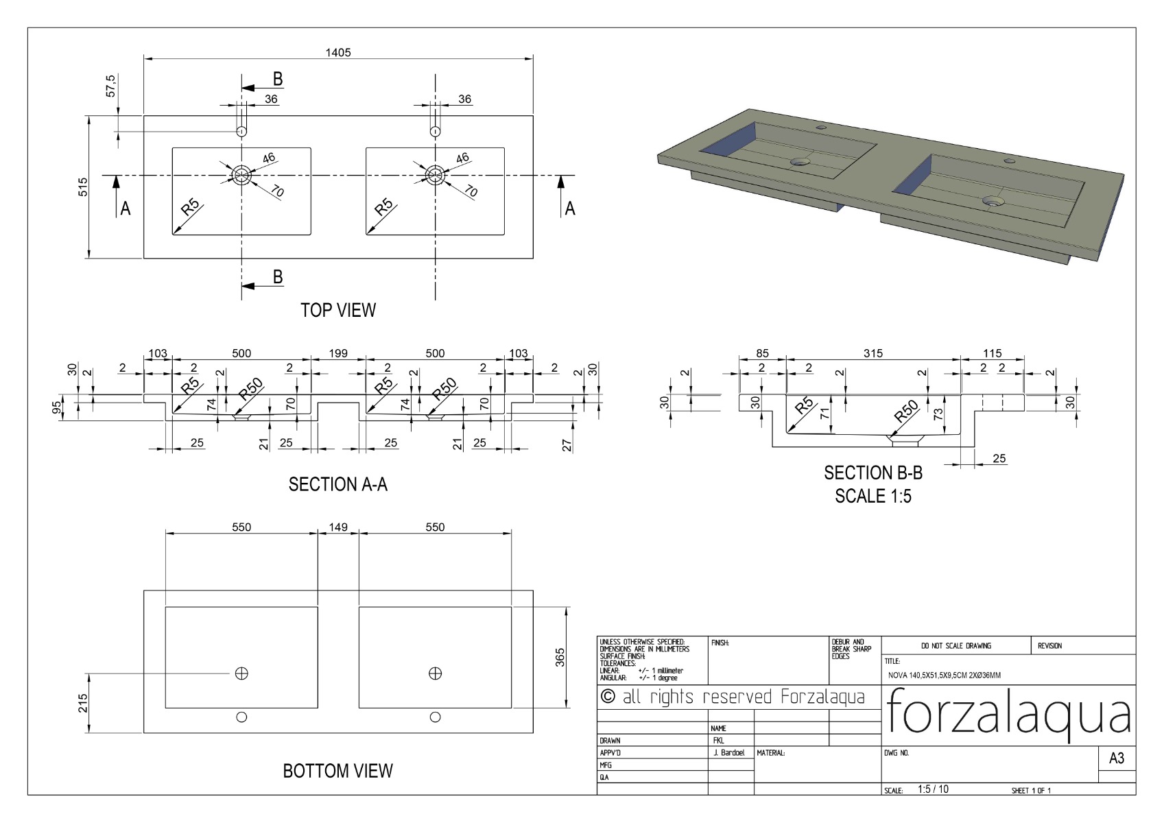 Forzalaqua Nova wastafel 140x50cm met 2 kraangaten carrara gepolijst