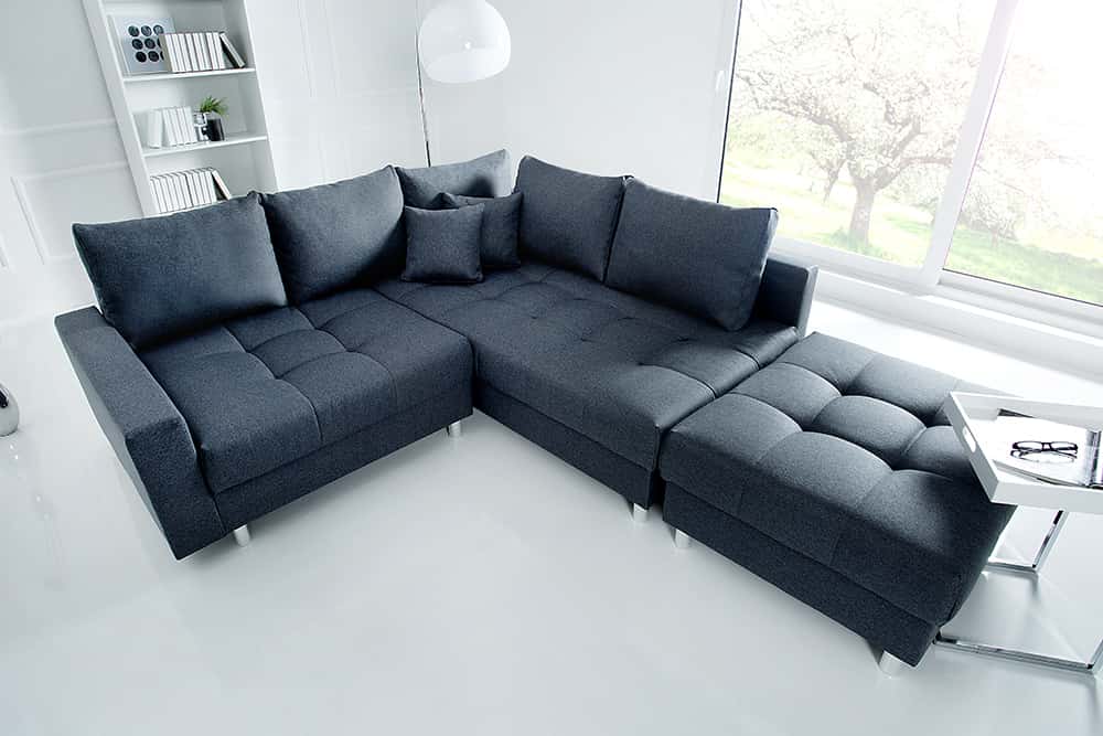 Moderne Wohnlandschaft KENT 220cm anthrazit Ecksofa Federkern inkl. Hocker und Kissen