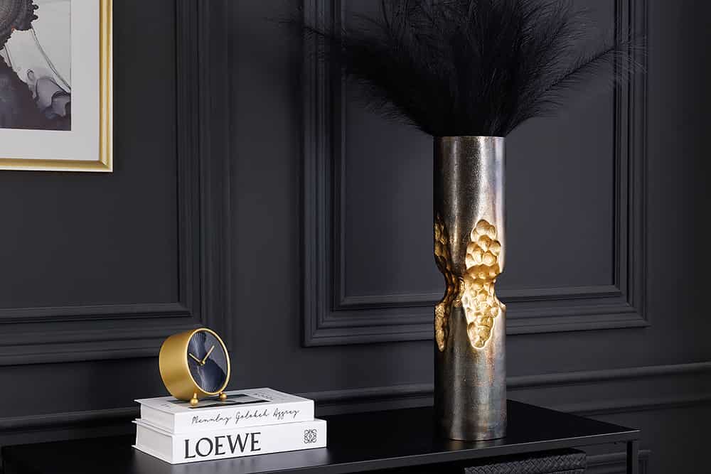 Moderne Vase PRECIOUS 40cm schwarz gold Metall Hammerschlag Design