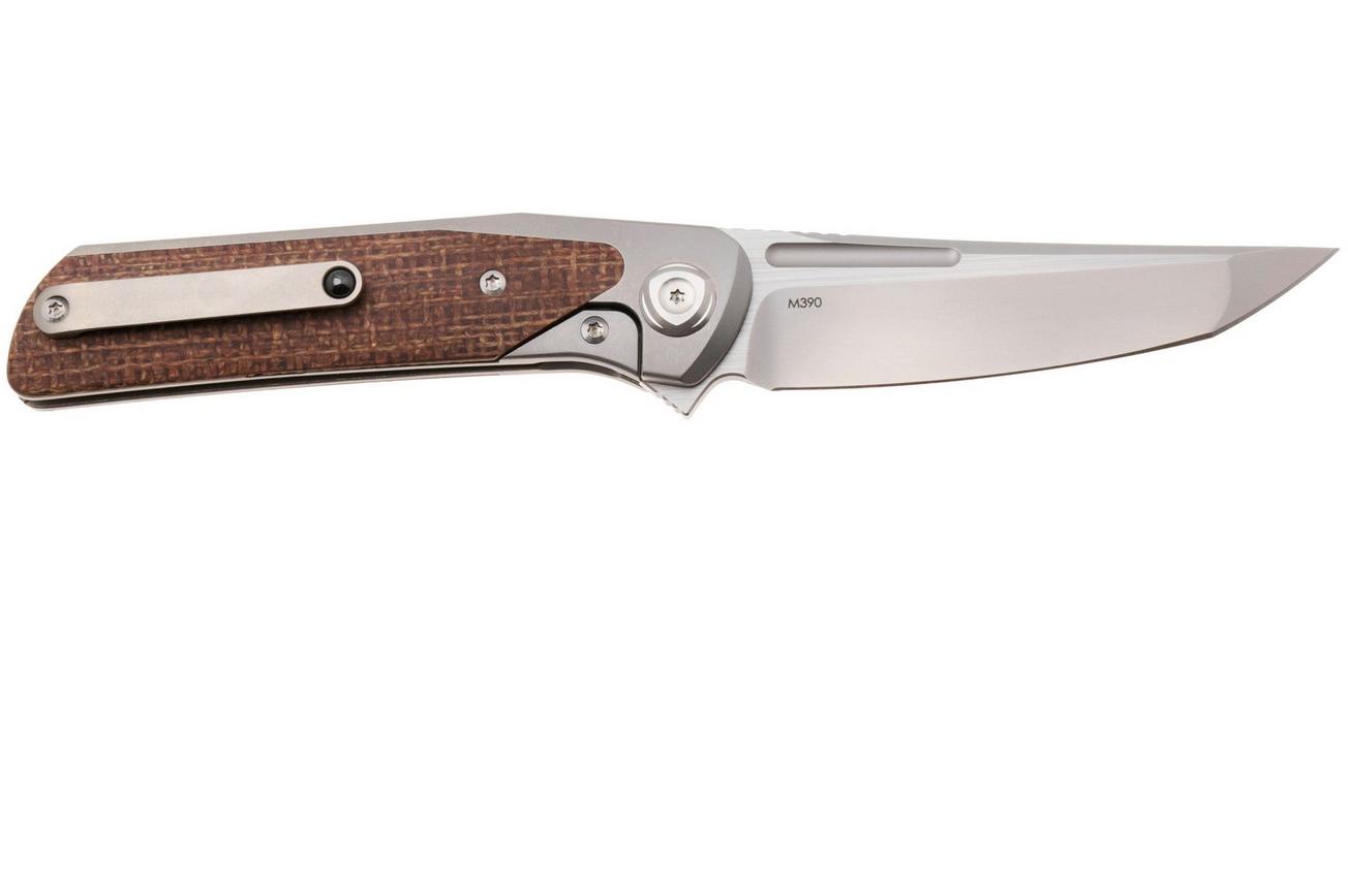 Liong Mah Warrior 3 Bead Blasted Böhler M390, Titanium Brown Burlap Micarta Inlay, zakmes