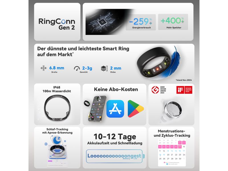 RingConn Smart Ring Gen 2, Grösse 14 - Gold Gesundheitstracker