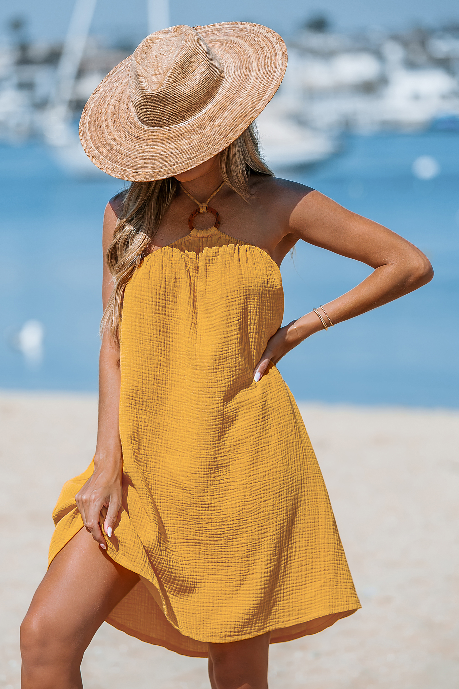Robe mini en pur coton sans manches à col licou et joint torique
