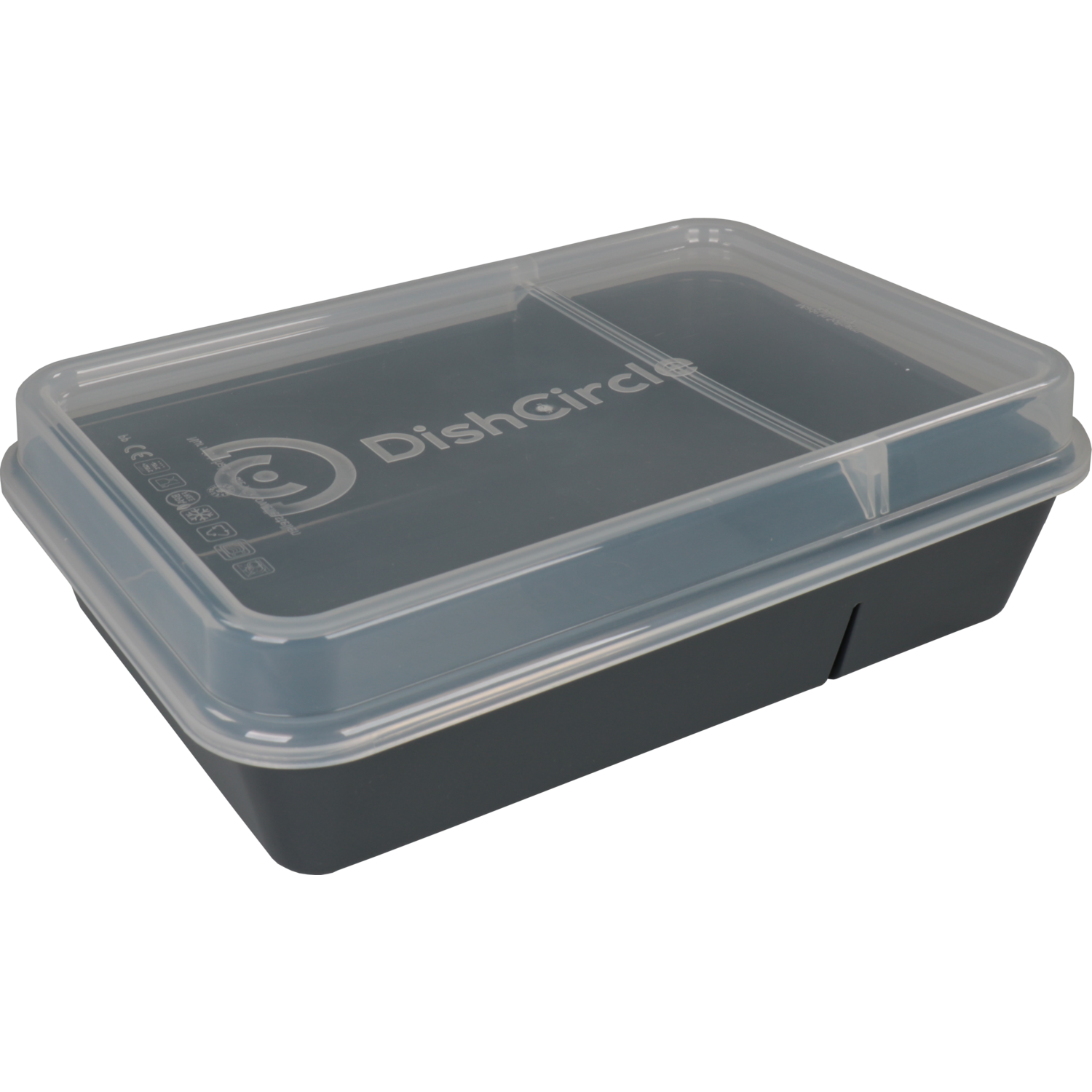 DishCircle Schaal, met deksel, reusable, 2-vaks, pP, rechthoekig, 1250ml, 23x12cm, grijs/transparant