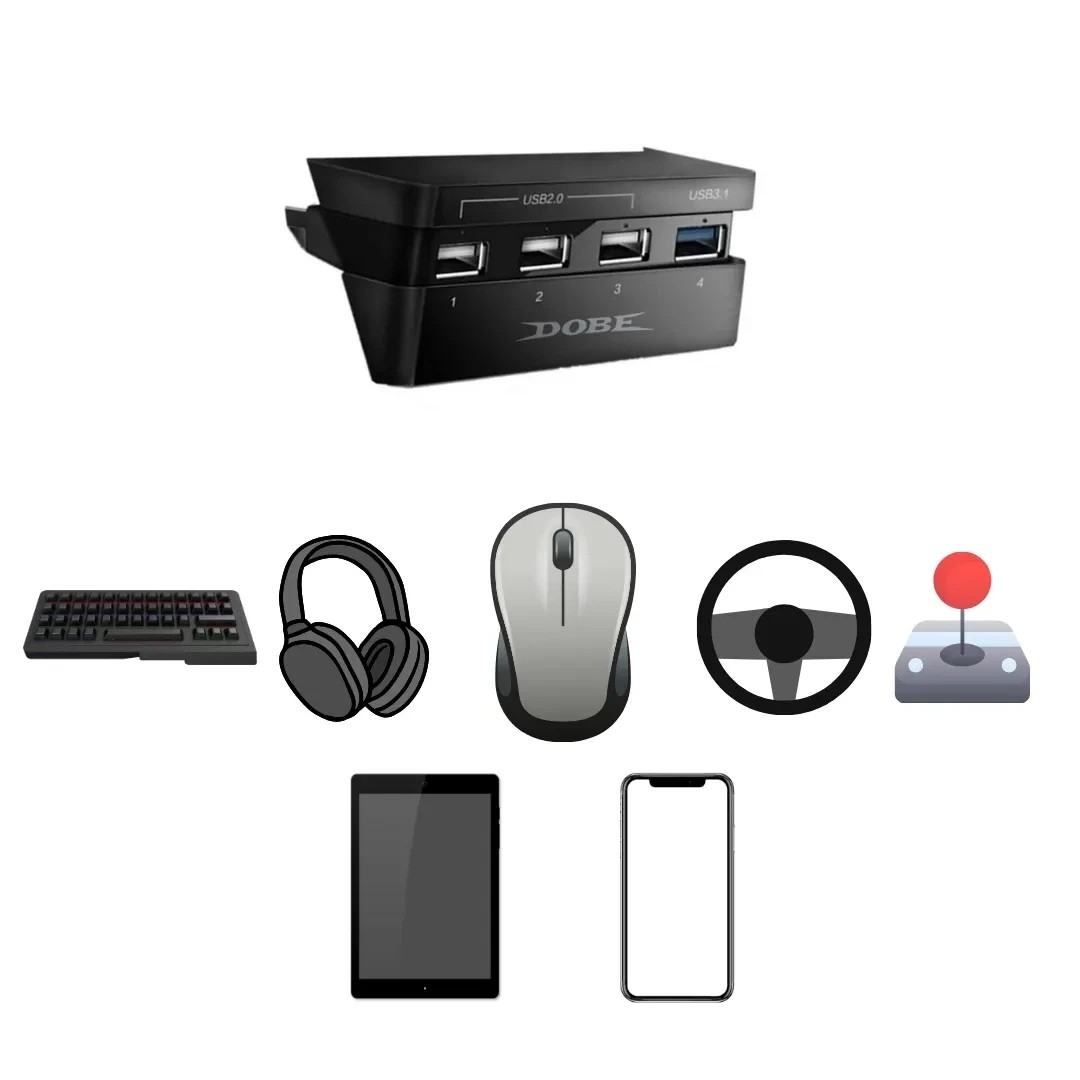 Sony Playstation PS4 Slim Multiport Adapter Hub mit 3x USB 2.0 / 1x USB 3.1 Erweiterung - Schwarz