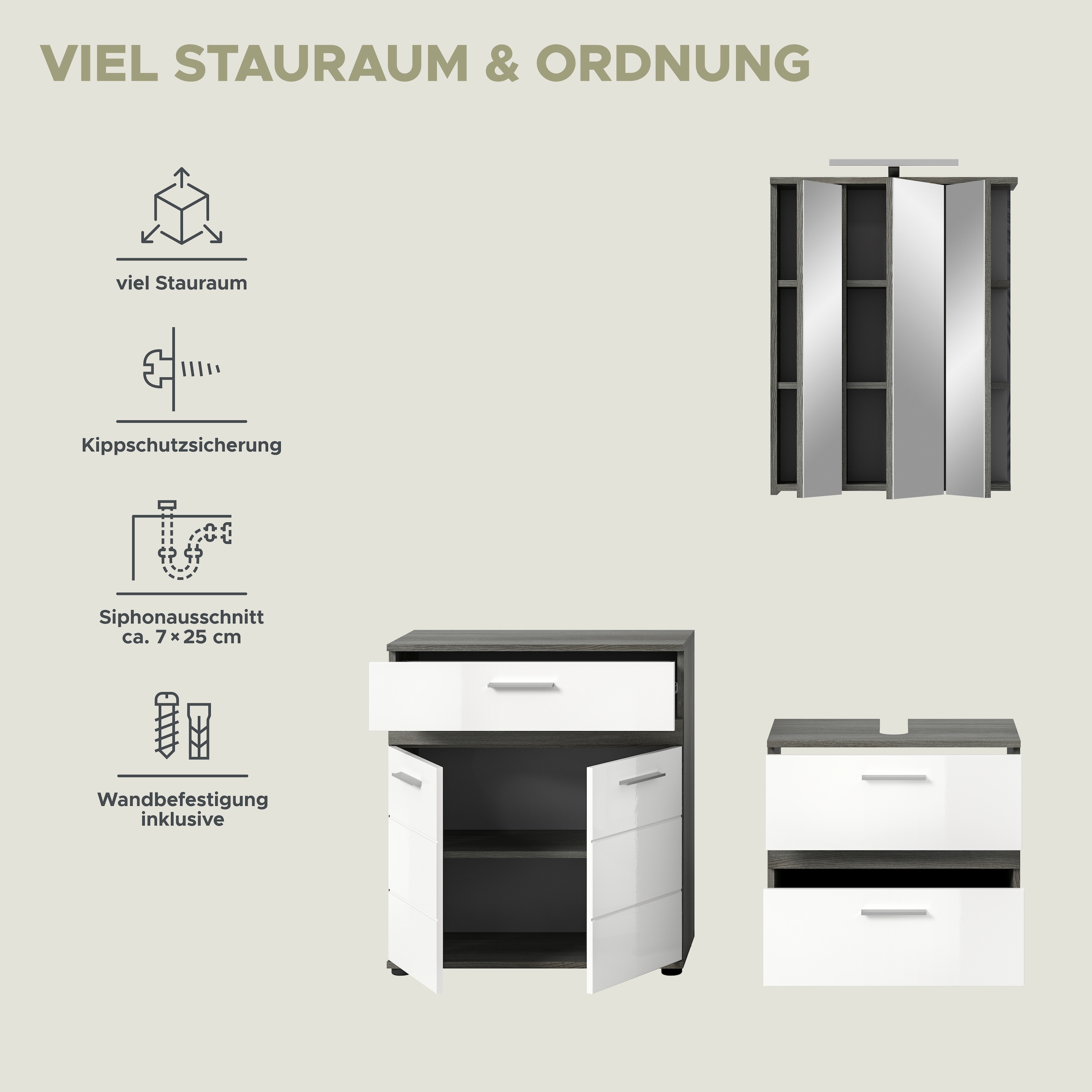 welltime Badmöbel-Set »LUCCA, 3-teilig, TOPSELLER!, hochwertige MDF Front« Set, best. aus: Waschbeckenunterschrank, Spiegelschrank und Midischrank, 3 Stk. tlg.