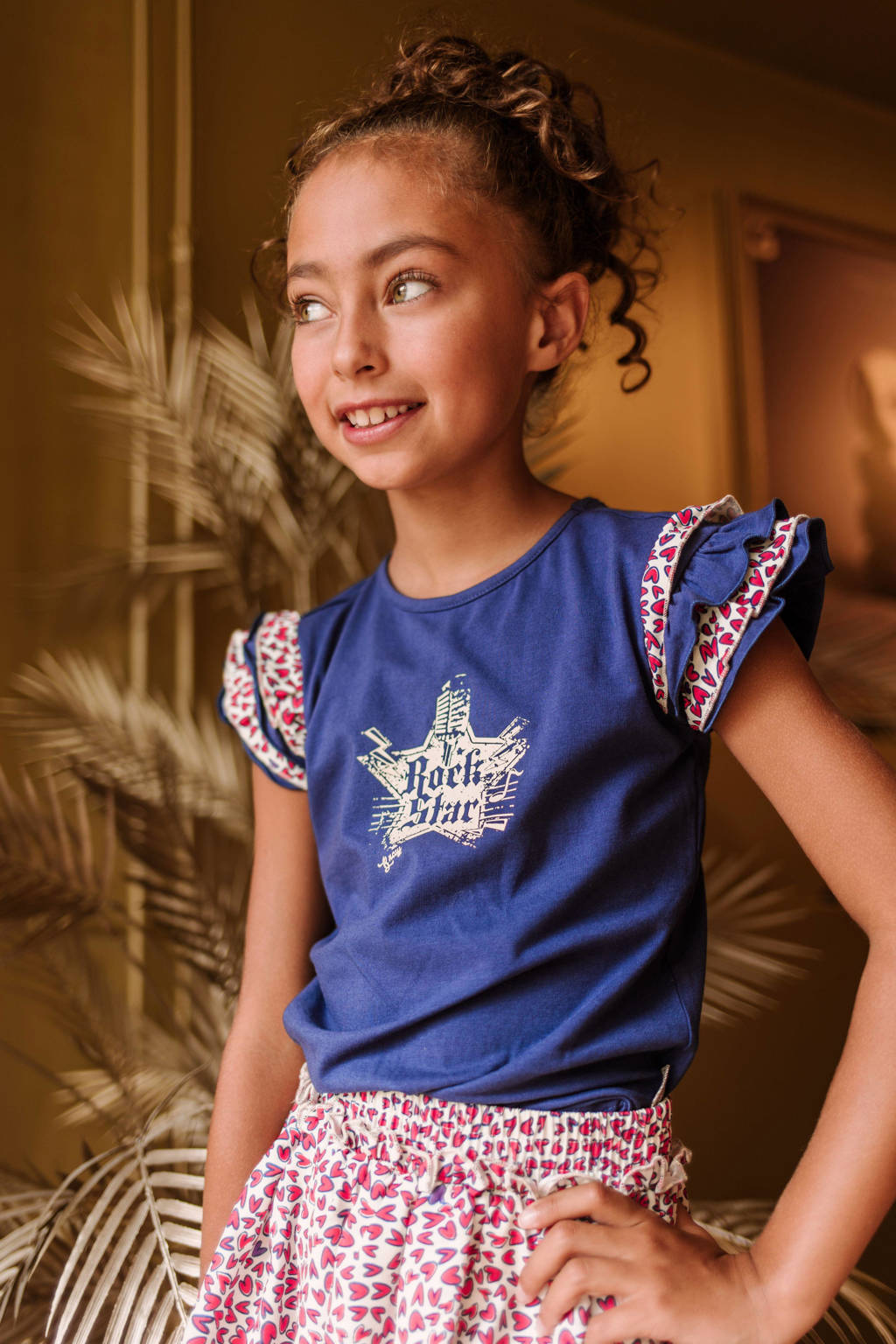 B.Nosy T-shirt B.A Star met printopdruk en ruches donkerblauw/rood/wit