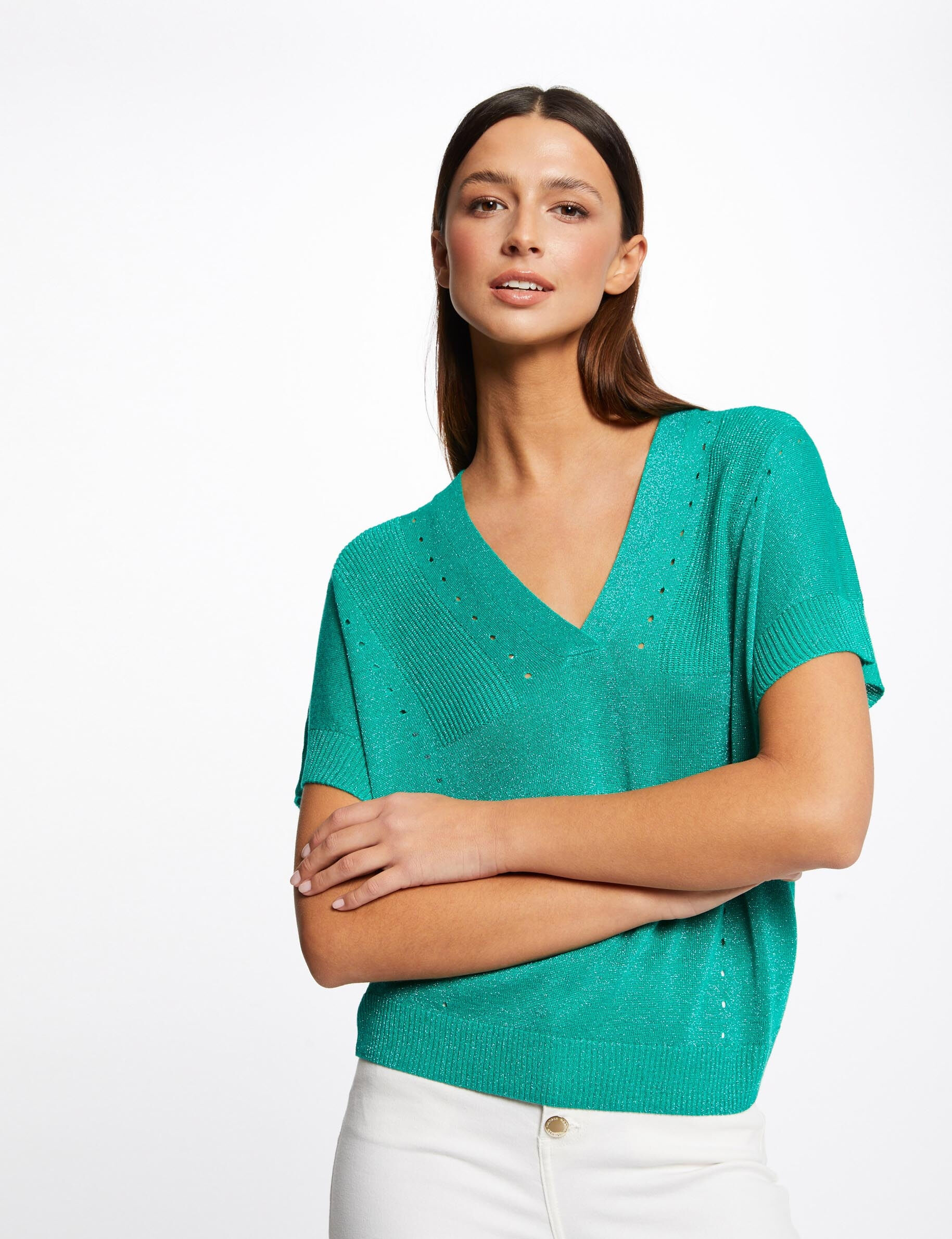 Pull manches courtes à col en V vert clair femme - vert_clair