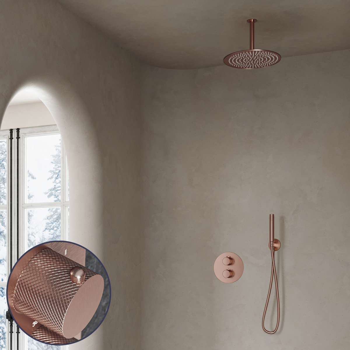 Saniclear Copper Curved inbouw regendouche rond met 30cm hoofddouche en plafondarm geborsteld koper