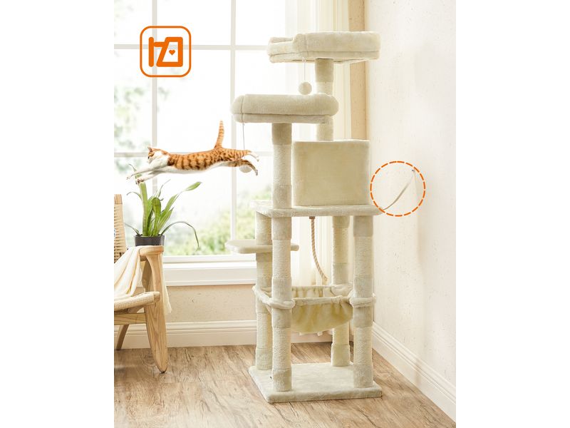 Feandrea Kratzbaum mit Hängematte 143 cm, Beige Kuscheliges Katzenhaus