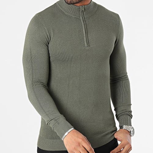 Pull Col Montant Zippé Vert Kaki
