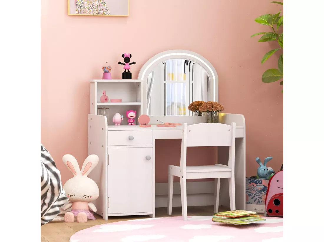 2 en 1 Bureau Enfants avec Chaise & 120 Lumières LED, Coiffeuse Enfants Fille avec Miroir Acrylique, 2 Etagères & Tiroir, Dispositif Anti-basculement, Charge 50kg pour Enfants de 3 Ans+