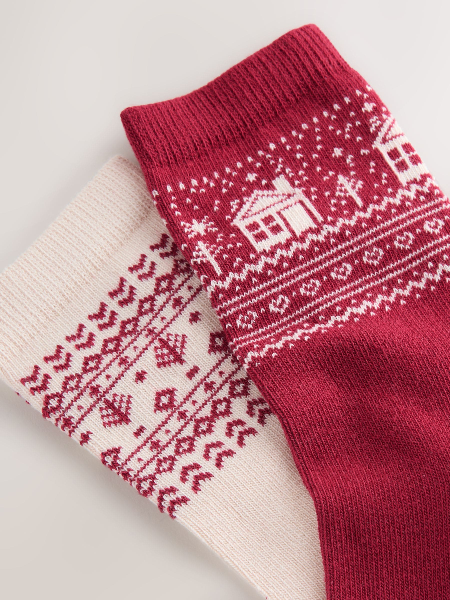 Rood/Crème Fairisle Huis - Pattern Warm Handle Ankle Socks 2 Pack