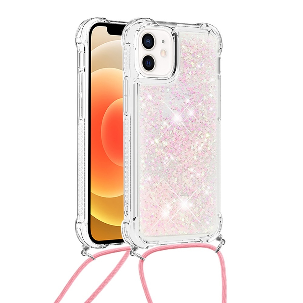 iPhone 12 / iPhone 12 Pro Necklace Gummi Hülle Liquid Glitzer   Handykette (130cm) - Rosa