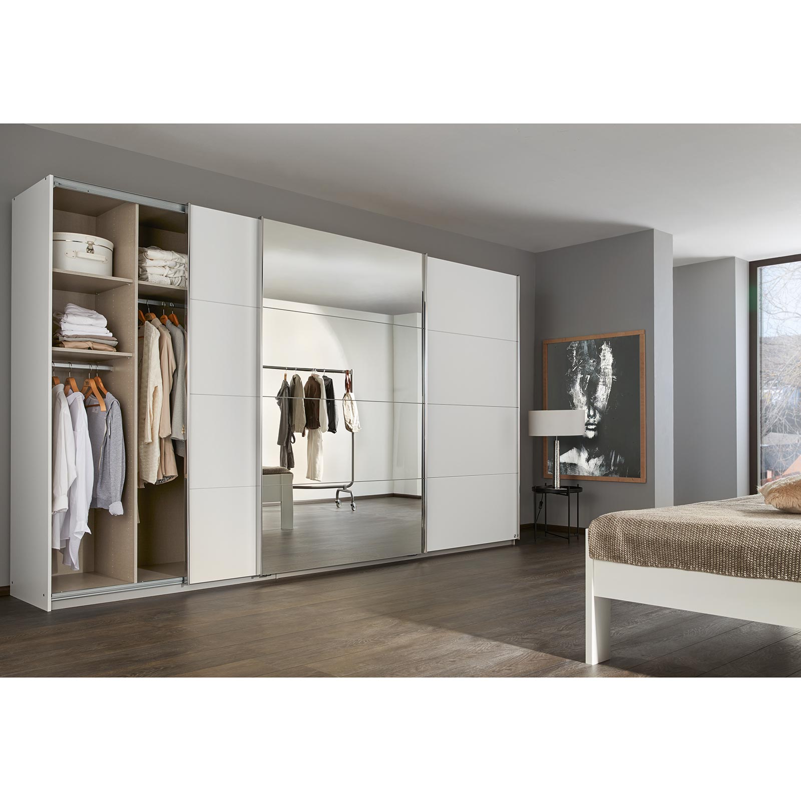 Schwebetürenschrank - alpinweiß - mit Spiegel - 360x210 cm