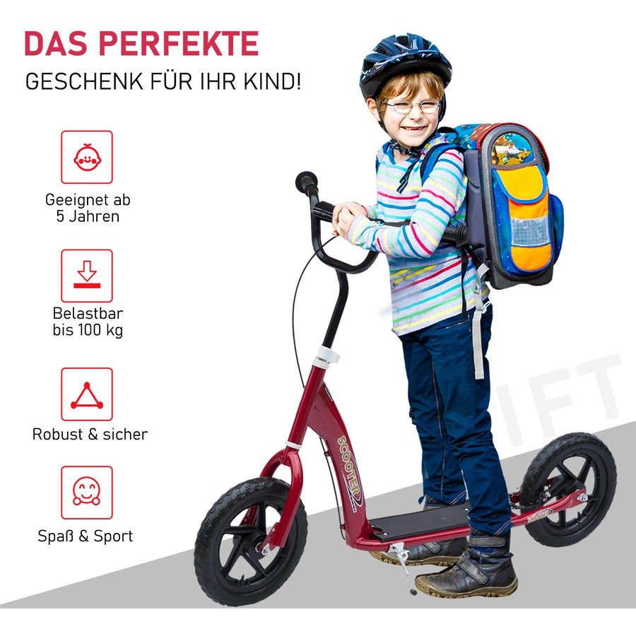 HOMCOM Kinderroller Anti-Rutsch Trittfläche, Metallfahrradständer zum Parken, rot