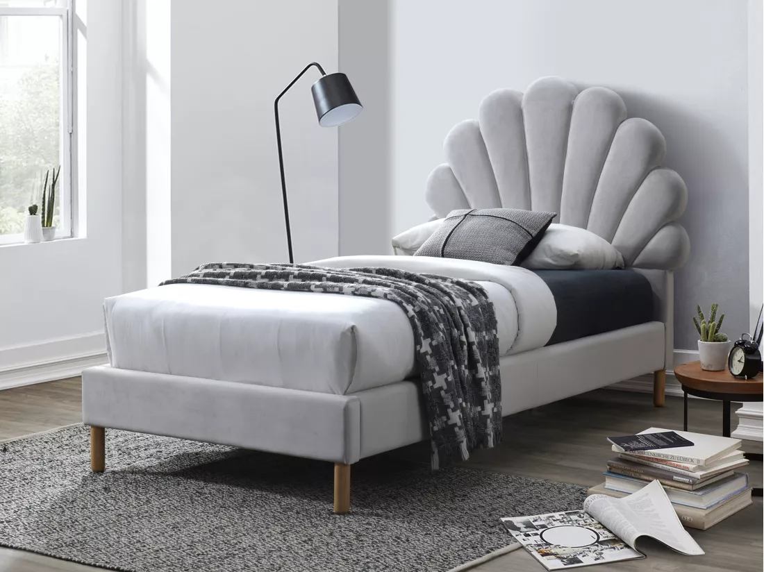 Lit coquillage 90 x 190 cm - Velours - Gris clair - MOANA
