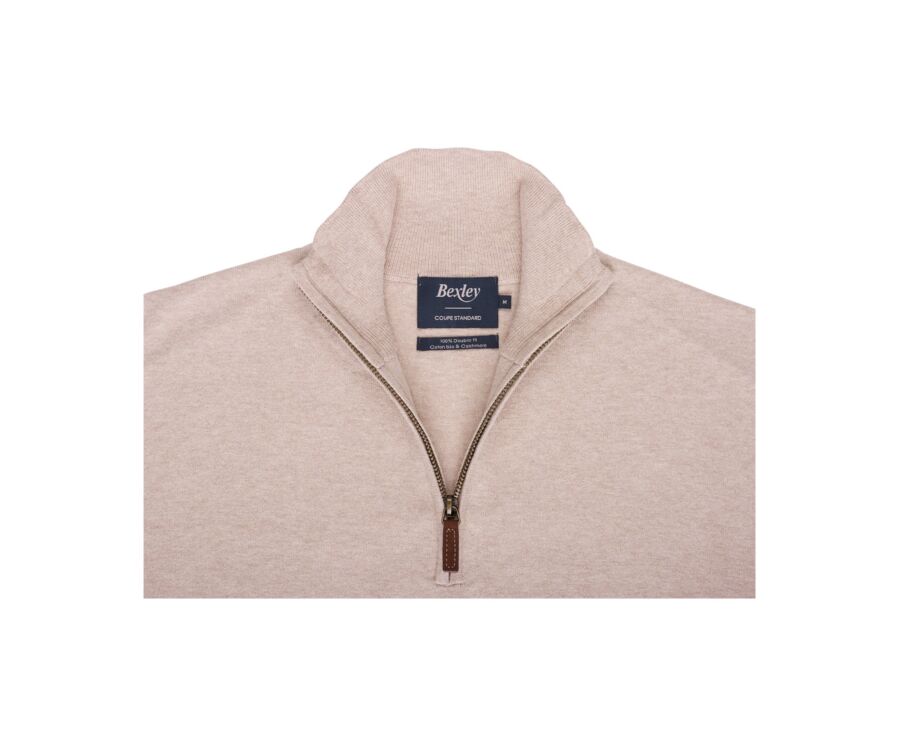 Pull col zippé homme fin coton bio/cachemire Beige Chiné - VLAD